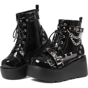 Women Polyurethane Blackpatent Wedge Round Toe Buckle Leather Platform Boots